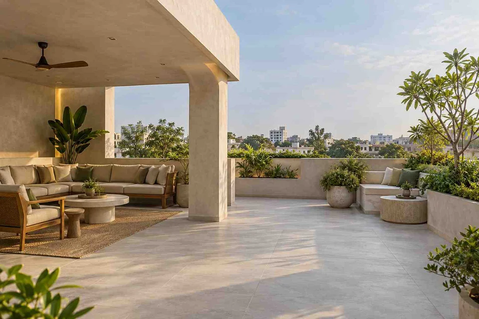 AI-generated outdoor concept: rooftop family lounge, textured mineral direction