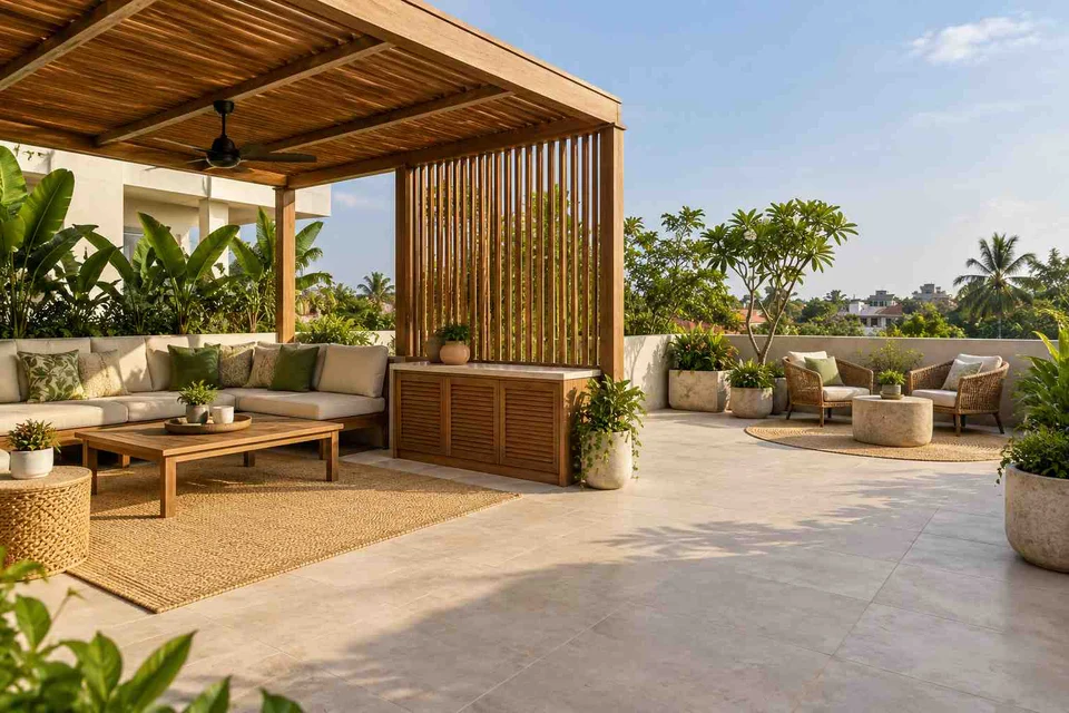 AI-generated outdoor concept: rooftop family lounge, tropical slatted direction