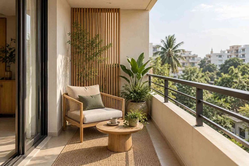 AI-generated outdoor concept: screened balcony retreat, ash and linen direction