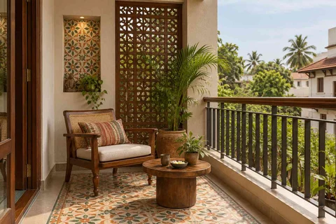 AI-generated outdoor concept: screened balcony retreat, chettinad tile direction