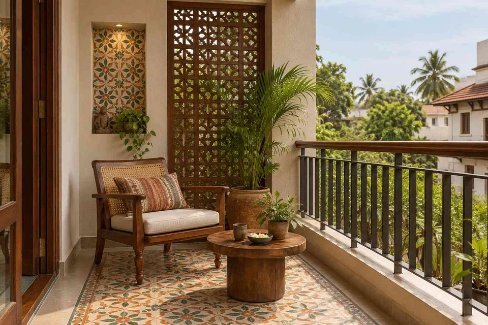 AI-generated outdoor concept: screened balcony retreat, chettinad tile direction