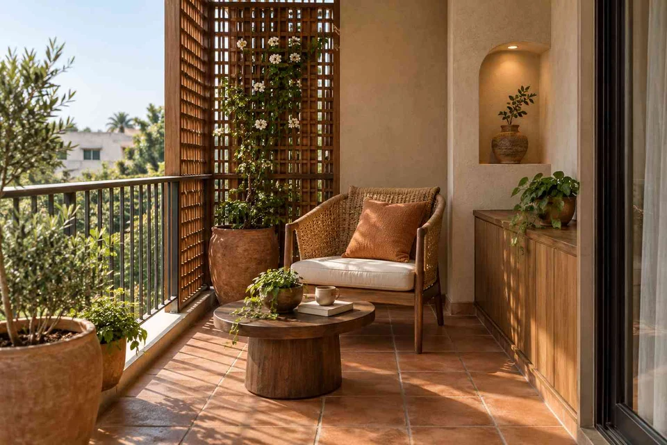 AI-generated outdoor concept: screened balcony retreat, clay artisan direction