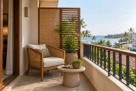 AI-generated outdoor concept: screened balcony retreat, coastal woven direction