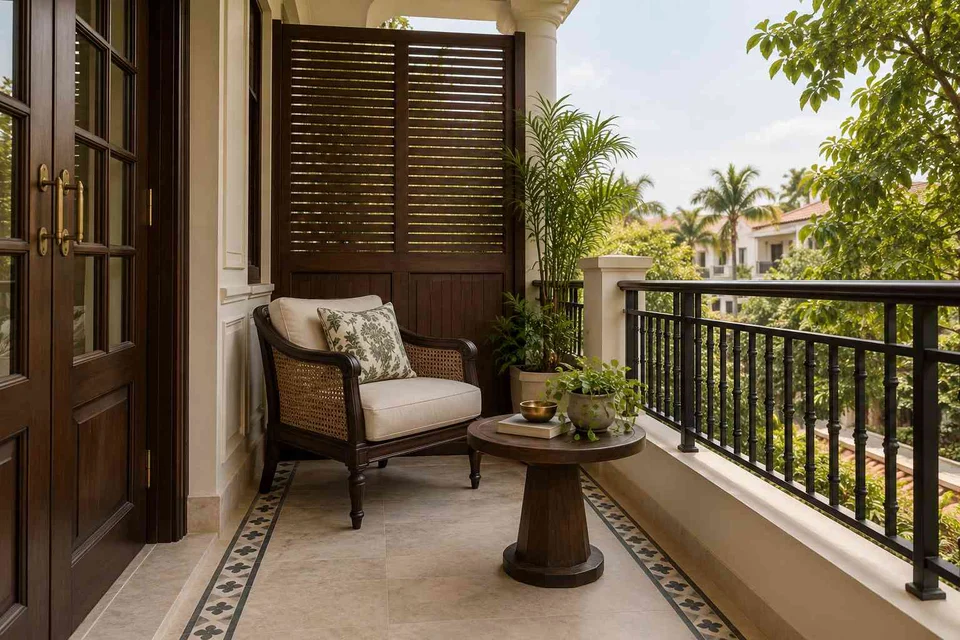 AI-generated outdoor concept: screened balcony retreat, colonial quiet direction