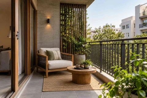 AI-generated outdoor concept: screened balcony retreat, concrete and oak direction