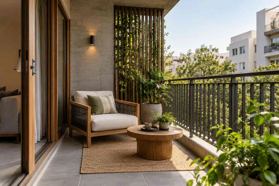 AI-generated outdoor concept: screened balcony retreat, concrete and oak direction