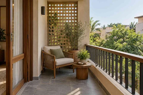 AI-generated outdoor concept: screened balcony retreat, courtyard modern direction