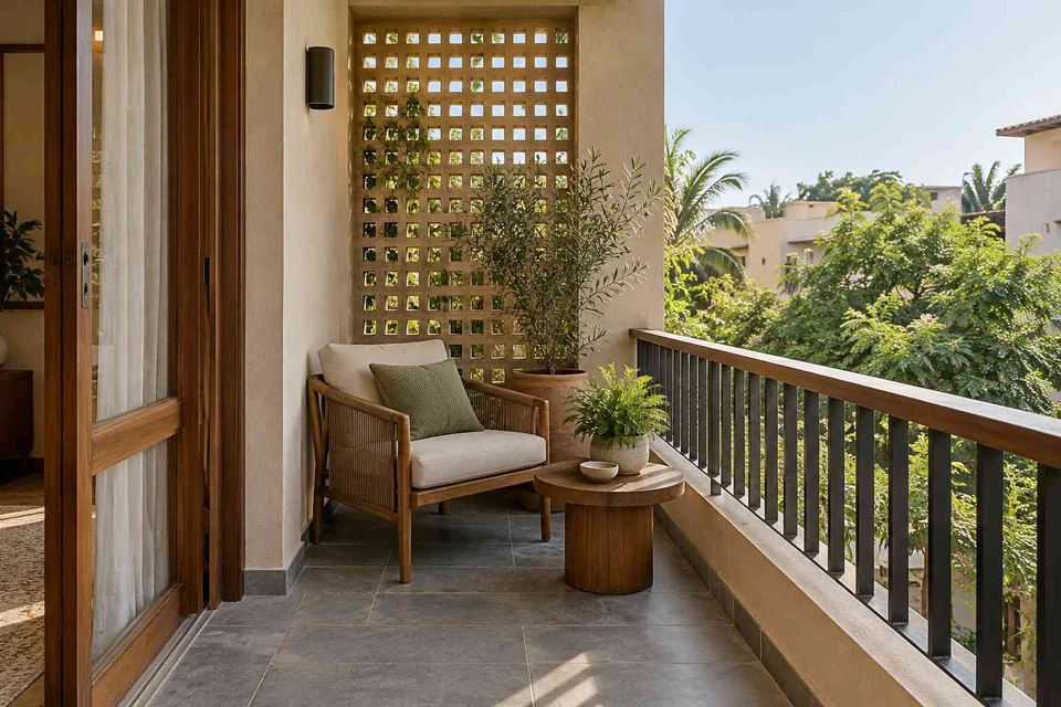 AI-generated outdoor concept: screened balcony retreat, courtyard modern direction