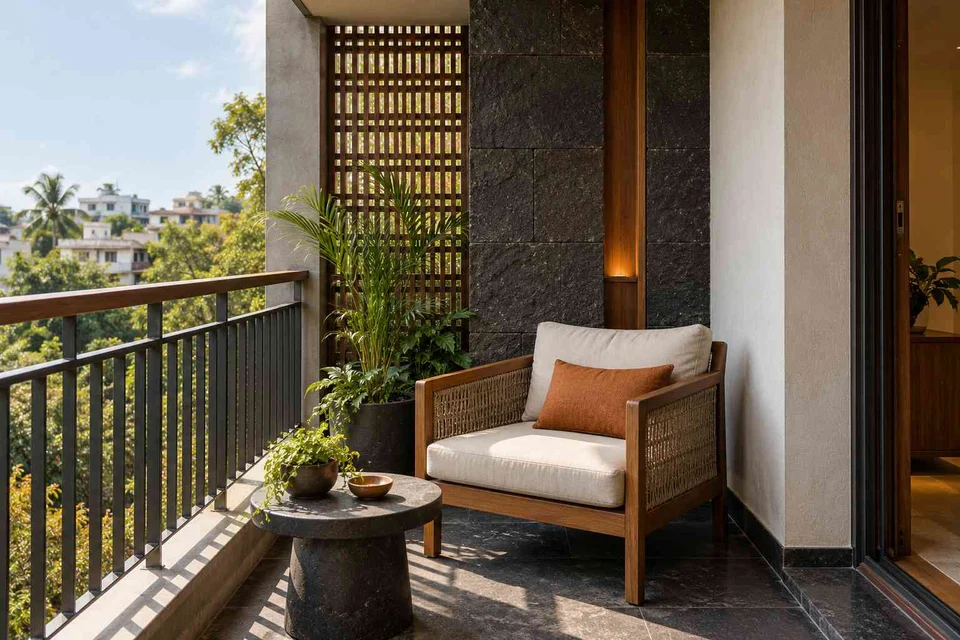 AI-generated outdoor concept: screened balcony retreat, deccan stone direction