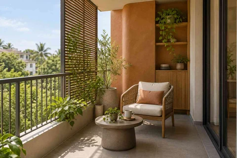 AI-generated outdoor concept: screened balcony retreat, earth and bamboo direction