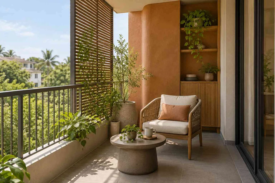 AI-generated outdoor concept: screened balcony retreat, earth and bamboo direction