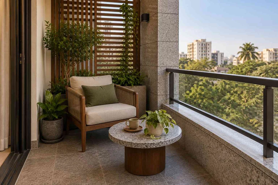 AI-generated outdoor concept: screened balcony retreat, granite precision direction