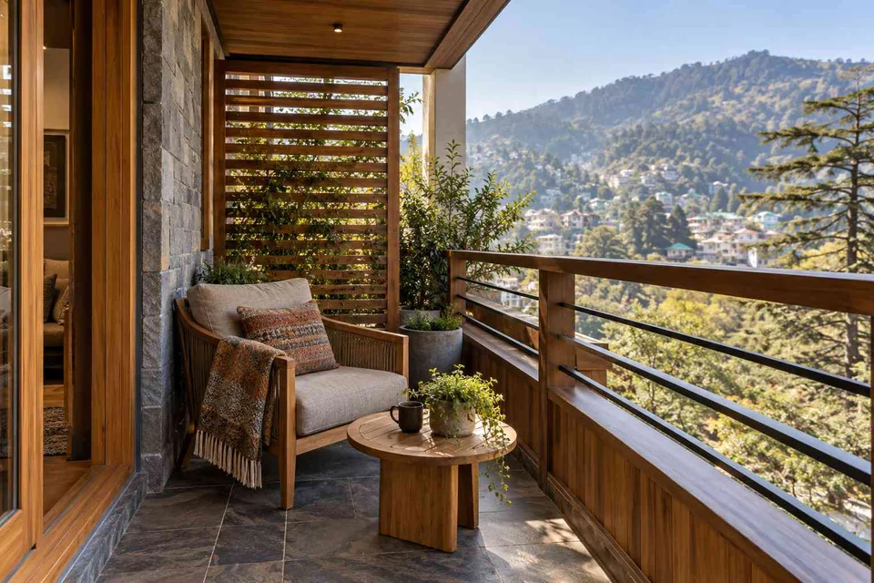 AI-generated outdoor concept: screened balcony retreat, hill timber direction