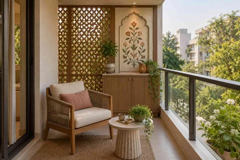 AI-generated outdoor concept: screened balcony retreat, inlay atelier direction
