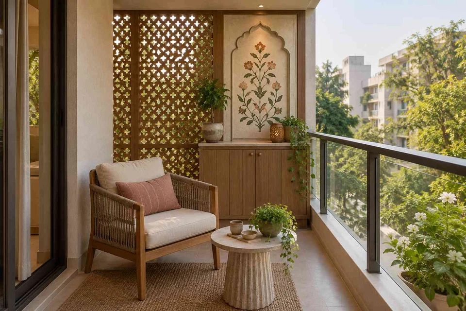 AI-generated outdoor concept: screened balcony retreat, inlay atelier direction