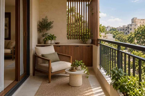 AI-generated outdoor concept: screened balcony retreat, lime and walnut direction