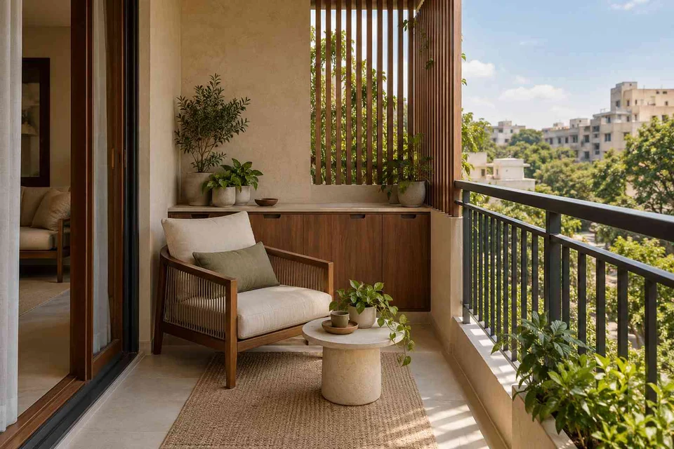 AI-generated outdoor concept: screened balcony retreat, lime and walnut direction
