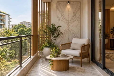 AI-generated outdoor concept: screened balcony retreat, marble restraint direction