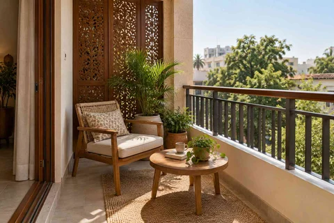 AI-generated outdoor concept: screened balcony retreat, modern carved direction