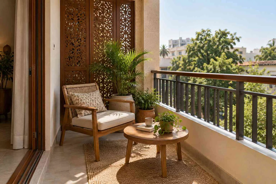 AI-generated outdoor concept: screened balcony retreat, modern carved direction