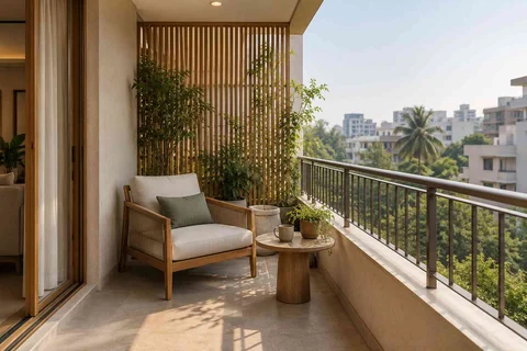 AI-generated outdoor concept: screened balcony retreat, quiet contemporary direction