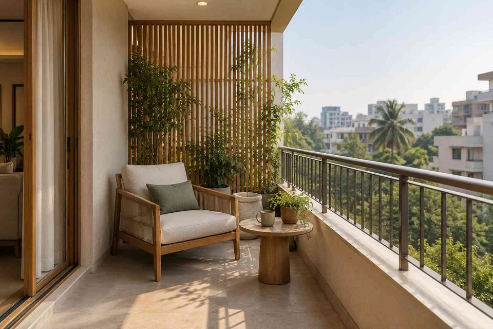 AI-generated outdoor concept: screened balcony retreat, quiet contemporary direction