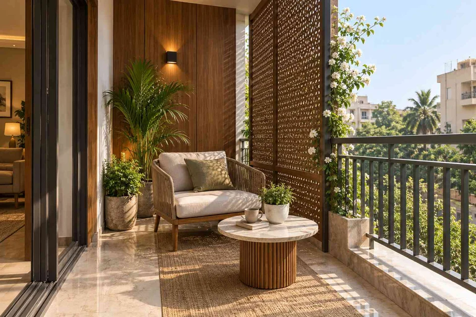 AI-generated outdoor concept: screened balcony retreat, quiet transitional direction