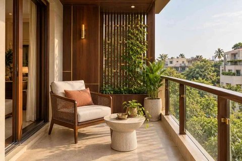 AI-generated outdoor concept: screened balcony retreat, rosewood brass direction