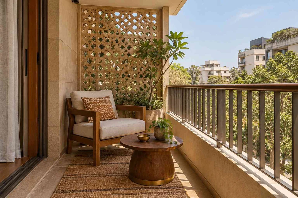 AI-generated outdoor concept: screened balcony retreat, sandstone lattice direction