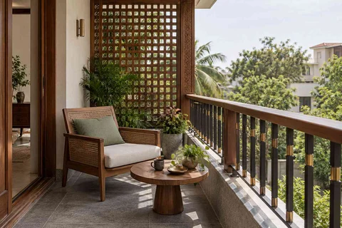 AI-generated outdoor concept: screened balcony retreat, teak craft direction