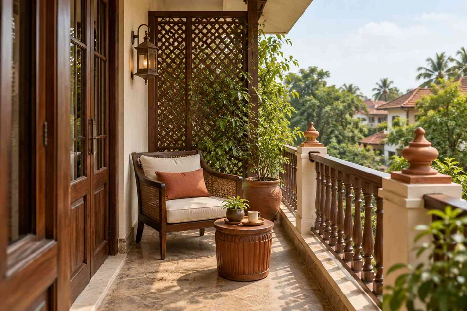 AI-generated outdoor concept: screened balcony retreat, terracotta heritage direction