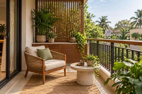 AI-generated outdoor concept: screened balcony retreat, tropical slatted direction
