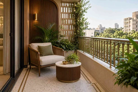 AI-generated outdoor concept: screened balcony retreat, urban deco direction