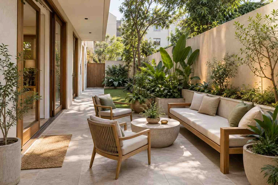 AI-generated outdoor concept: side-court family patio, ash and linen direction
