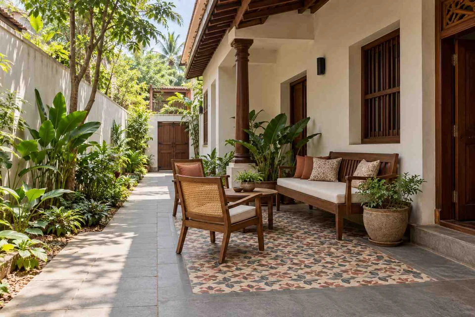 AI-generated outdoor concept: side-court family patio, chettinad tile direction