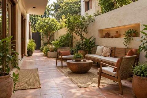 AI-generated outdoor concept: side-court family patio, clay artisan direction