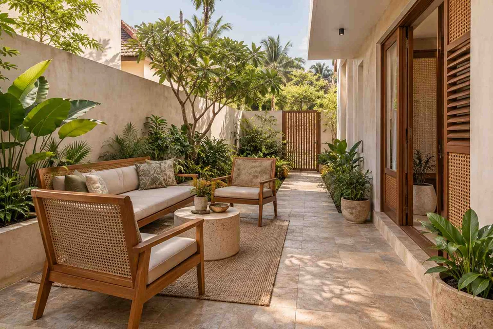 AI-generated outdoor concept: side-court family patio, coastal woven direction