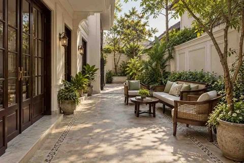 AI-generated outdoor concept: side-court family patio, colonial quiet direction