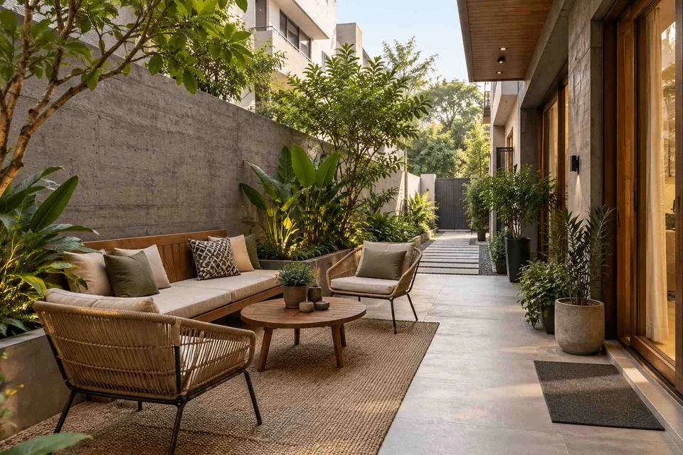 AI-generated outdoor concept: side-court family patio, concrete and oak direction