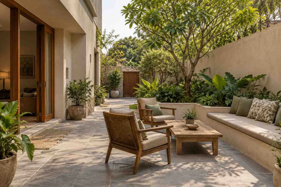 AI-generated outdoor concept: side-court family patio, courtyard modern direction