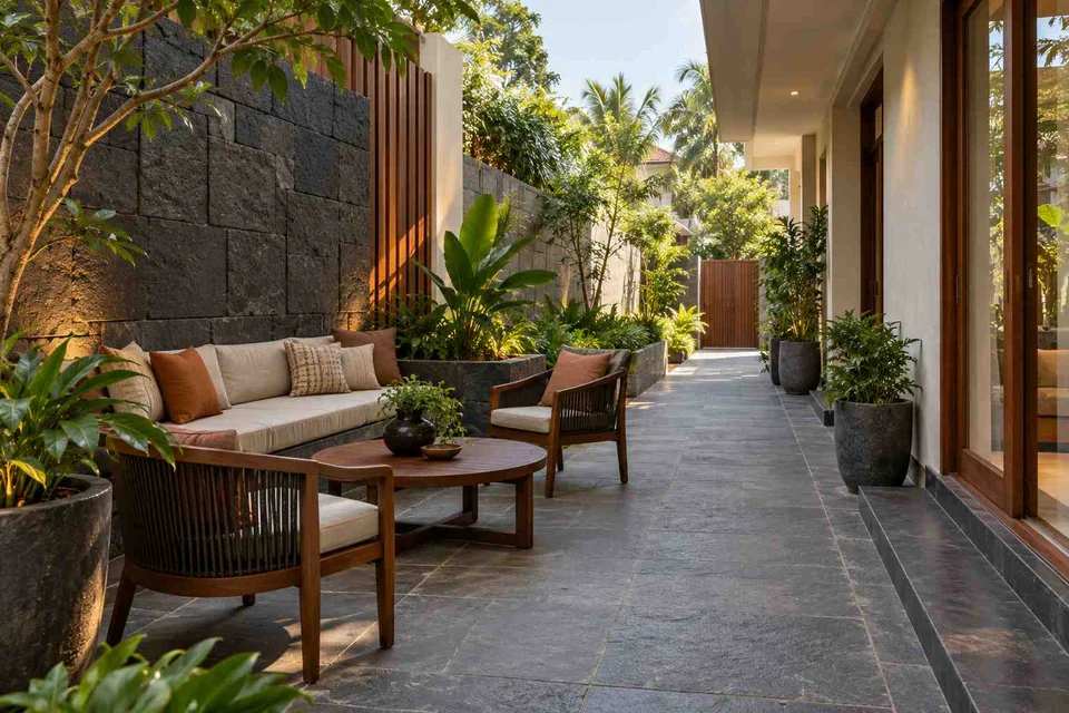 AI-generated outdoor concept: side-court family patio, deccan stone direction