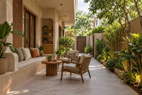 AI-generated outdoor concept: side-court family patio, earth and bamboo direction