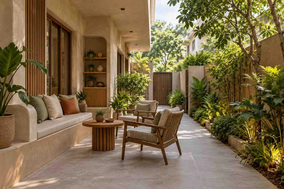 AI-generated outdoor concept: side-court family patio, earth and bamboo direction