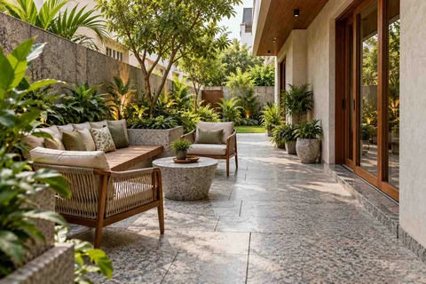 AI-generated outdoor concept: side-court family patio, granite precision direction