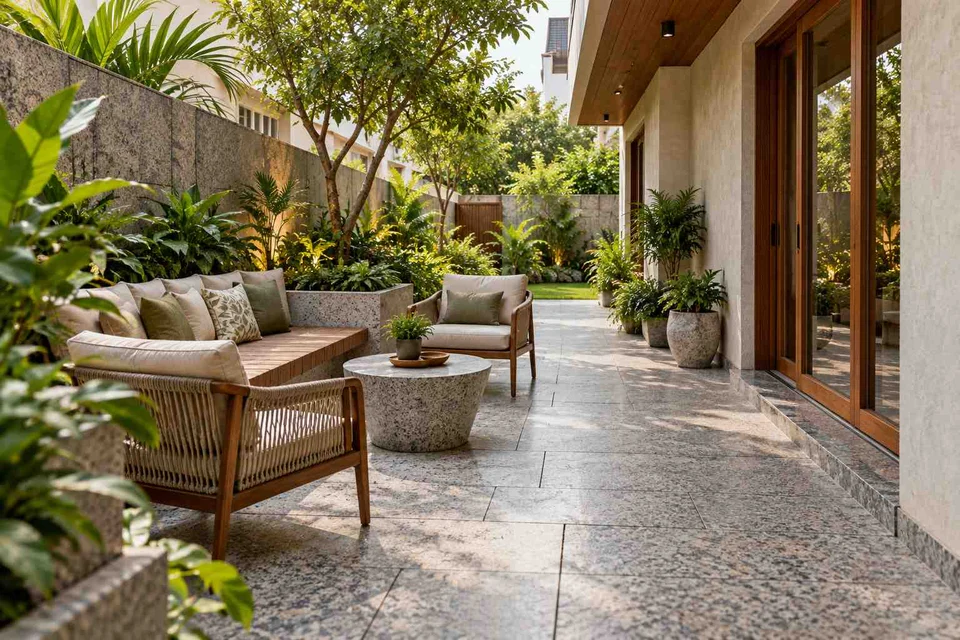 AI-generated outdoor concept: side-court family patio, granite precision direction