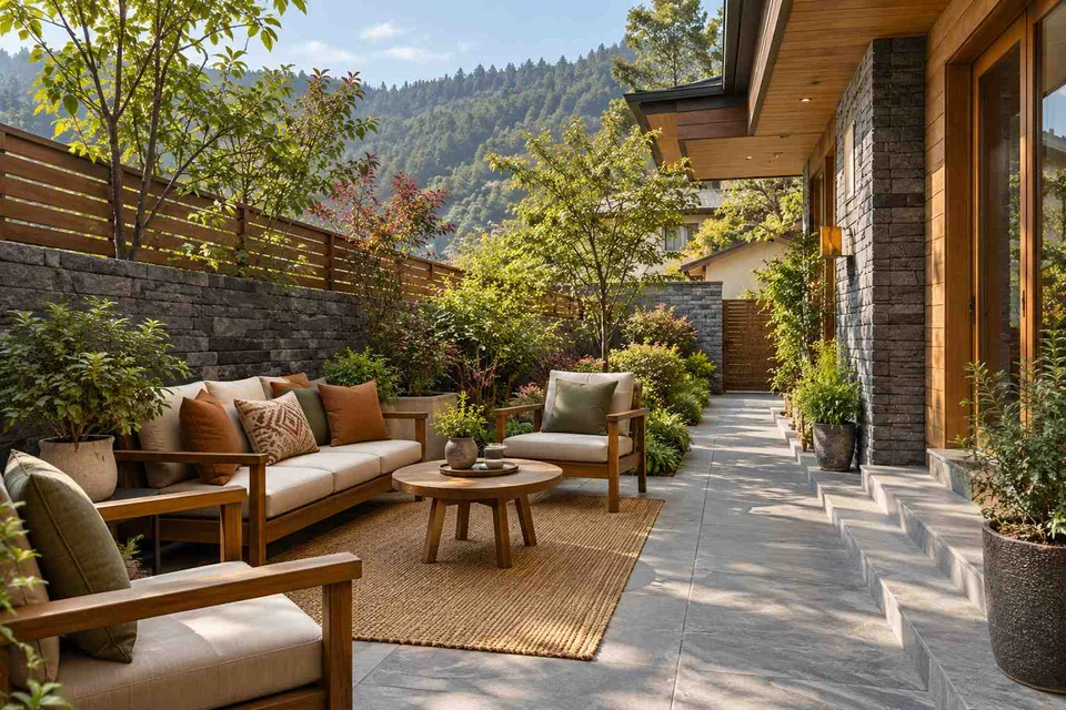 AI-generated outdoor concept: side-court family patio, hill timber direction