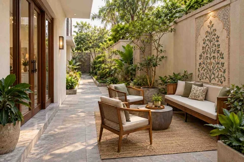 AI-generated outdoor concept: side-court family patio, inlay atelier direction