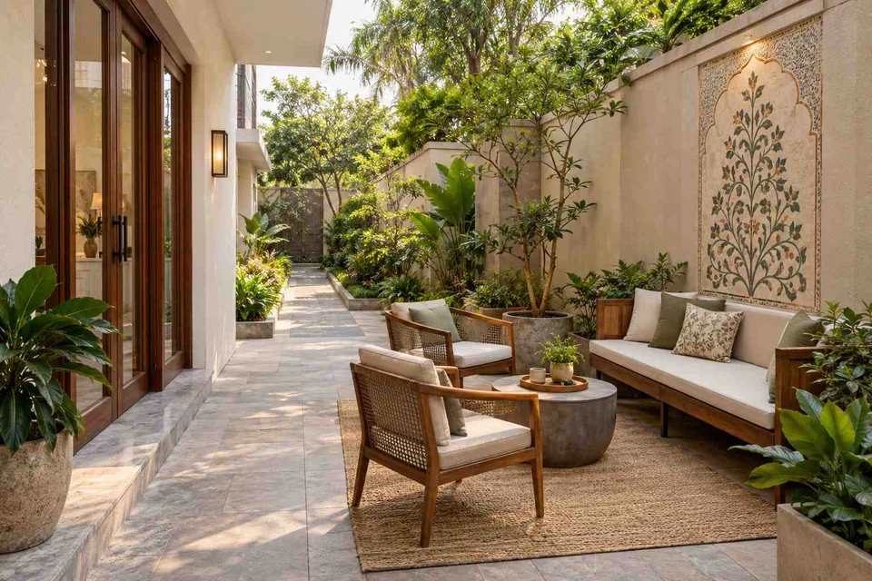 AI-generated outdoor concept: side-court family patio, inlay atelier direction