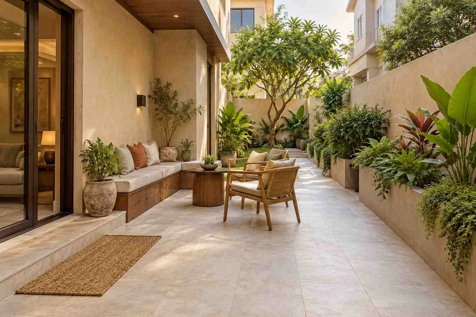 AI-generated outdoor concept: side-court family patio, lime and walnut direction