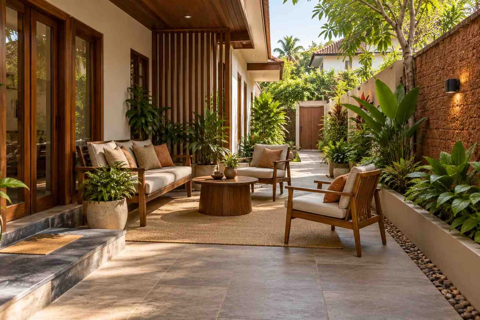 AI-generated outdoor concept: side-court family patio, malabar timber direction